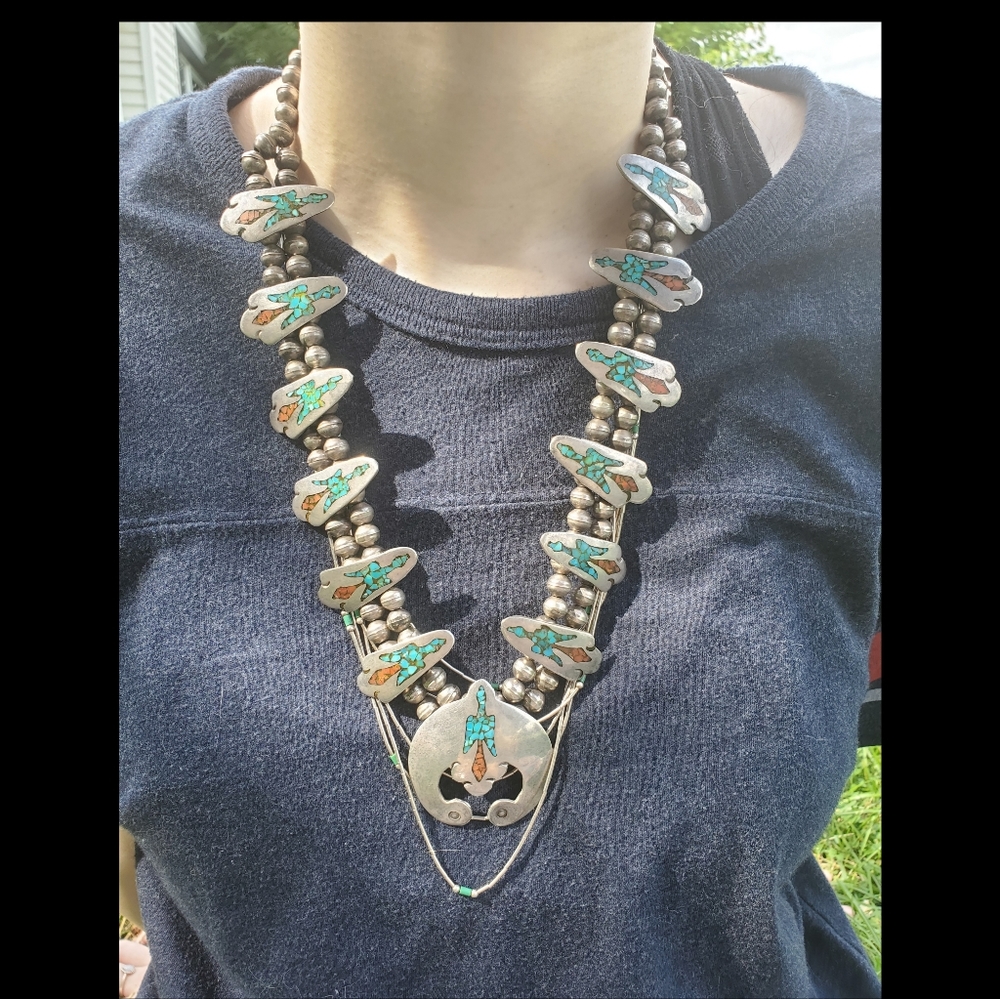 Sterling Silver Turquoise Coral Inlay Squash Blossom